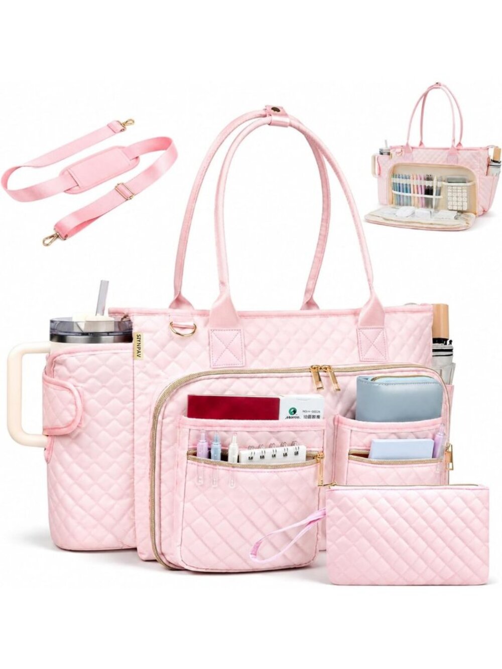 Stylish Pink Teacher Tote Bag with Laptop Compartment & Cup Holder - Perfect for